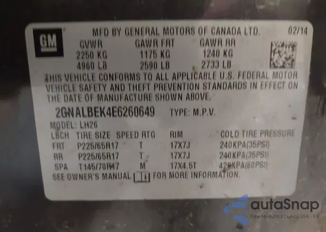 2014 Chevrolet Equinox 1Lt z USA, uszkodzony, nr VIN 2GNALBEK4E6260649